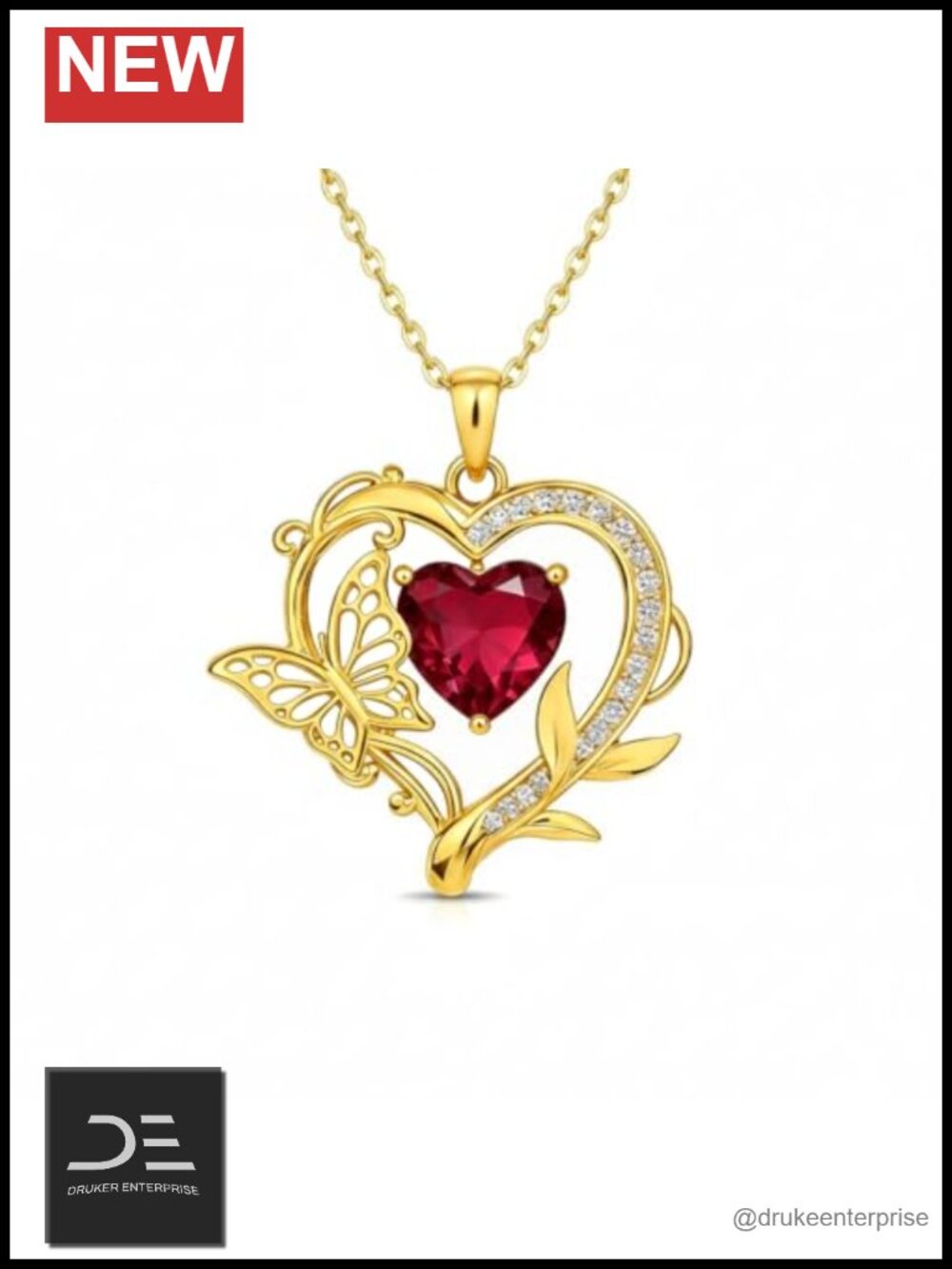 14K Gold Plated Heart Ruby Red Gemstone Pendant Necklace Butterfly